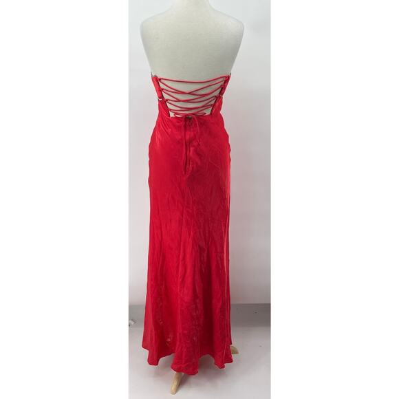 Vintage 90s Maxi Gown Strapless Corset Lace Up Open Back Iridescent Red Womens S - Picture 9 of 14